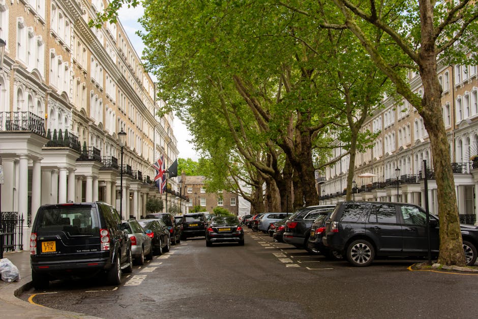 A narrow street in a residential area with parked cars along the curb, some with visible registration plates, and a white moving van parked near the pavement. Several cardboard boxes and wrapped furni